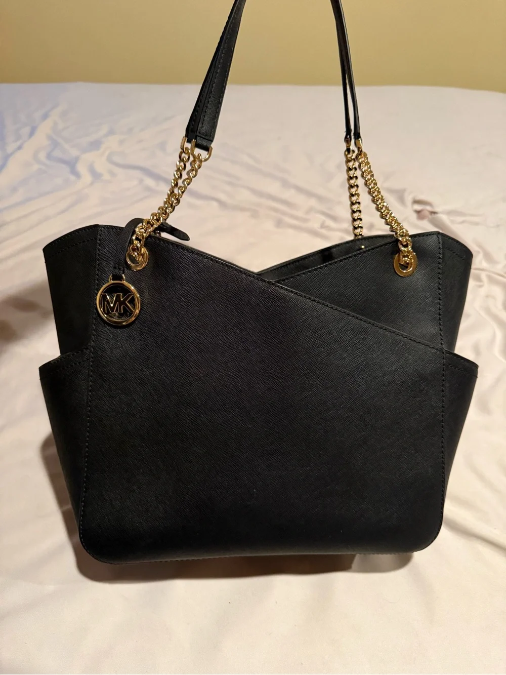 Michael Kors Black Saffiano Leather Tote with Gold Chain Straps